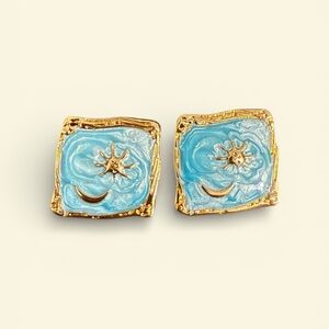 Sun and Moon Blue and Gold Square Earrings